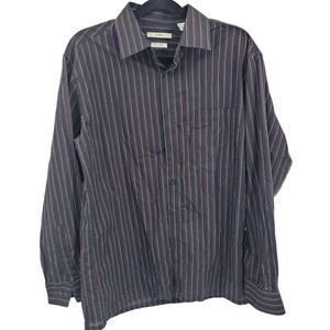 Mens Vintage Dress Shirt‎ L Black Red White Vertical Stripes Slim Fit Button
